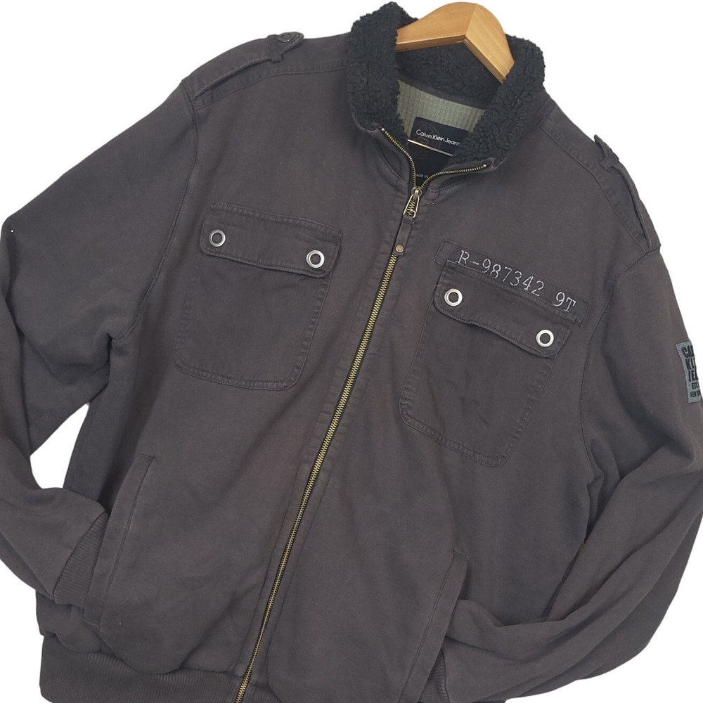 Vtg Calvin Klein Jeans Mens Full Zip Military Bomber Jacket XL Snap Pockets Gray